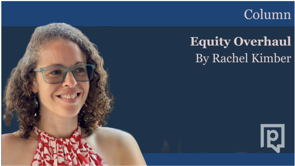 A woman appears in the foreground of a dark blue background that reads 'Column Equity Overhaul By Rachel Kimber' in pink.